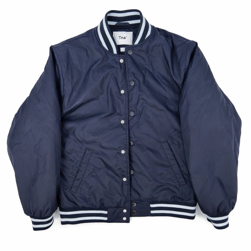 TNA Aritzia Navy Blue Quilted Varsity Bomber Sporty‎ Jacket Snap Front Puffer